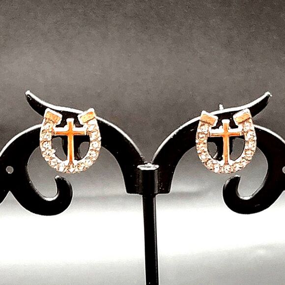 925 Plated Horseshoe Rhinestone Cross Earrings Christmas Birthday Gift - Picture 1 of 6